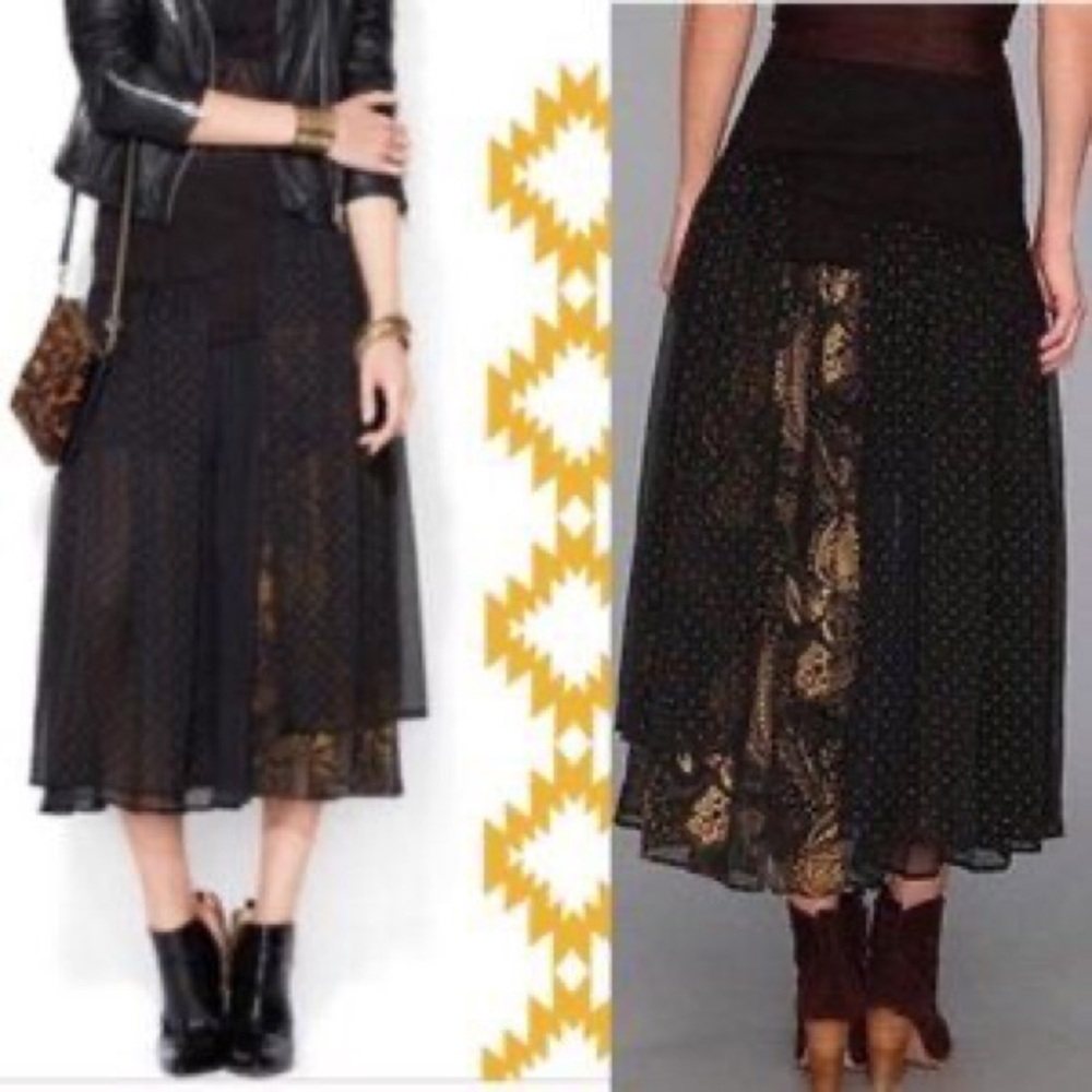 Free People Kristal black gold dotted layered midi skirt boho